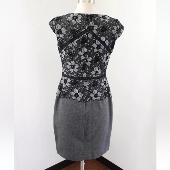Ann Taylor Gray Black Floral Lace Cap Sleeve Dress With Detailed Waist Size 4 - Picture 3 of 8